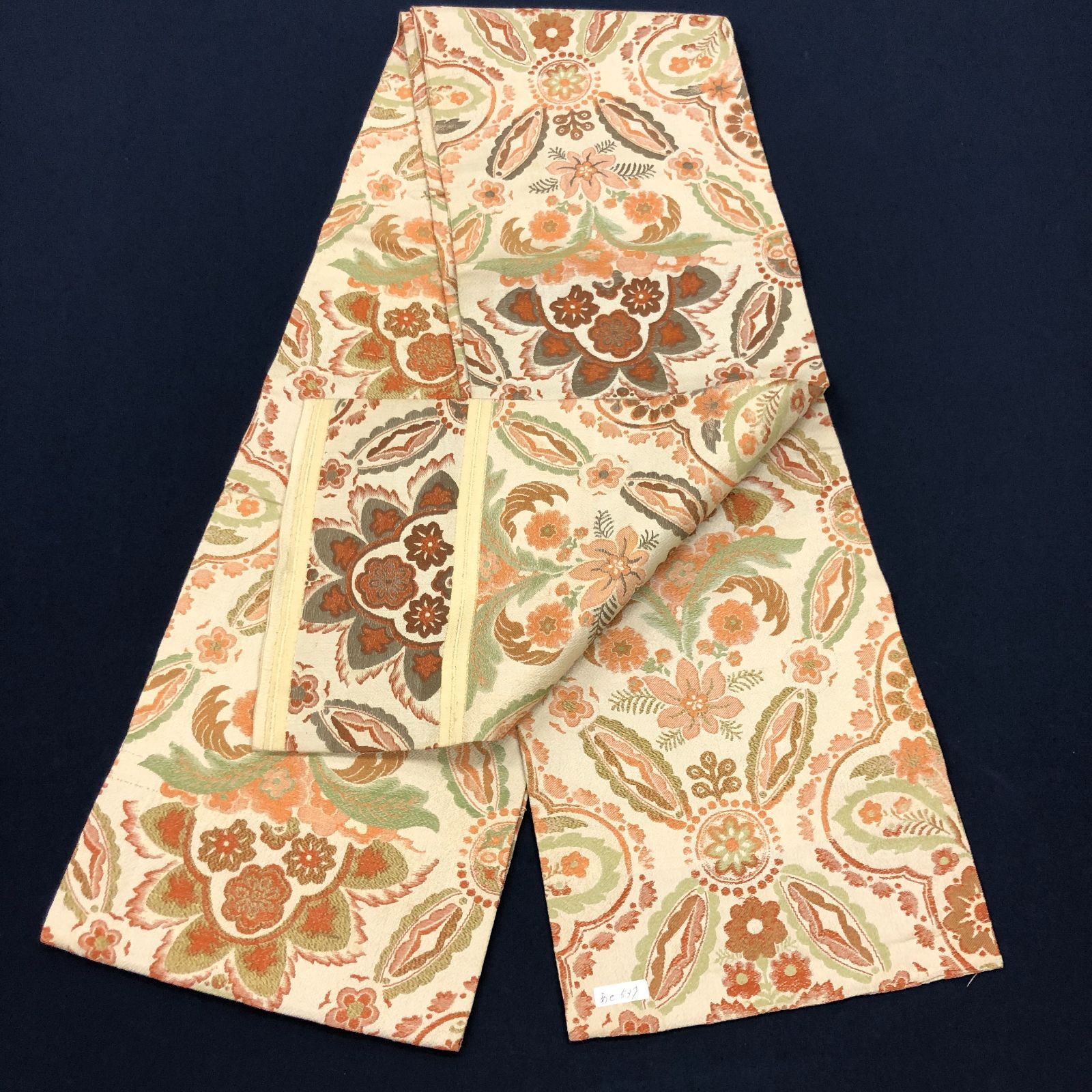 正絹 丸帯 生成り 茶 緑 更紗 華紋◇大正ロマン レトロモダン