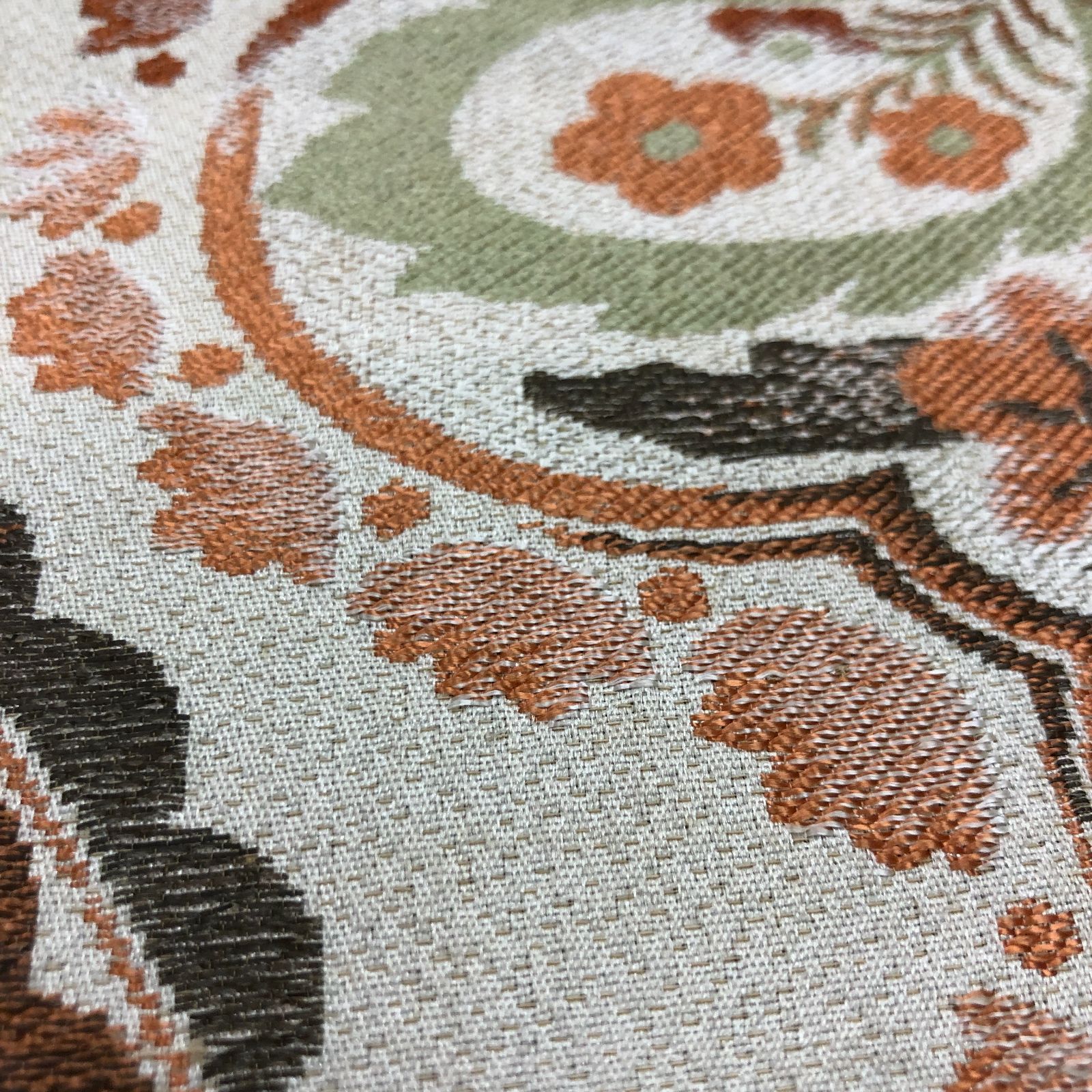 正絹 丸帯 生成り 茶 緑 更紗 華紋◇大正ロマン レトロモダン