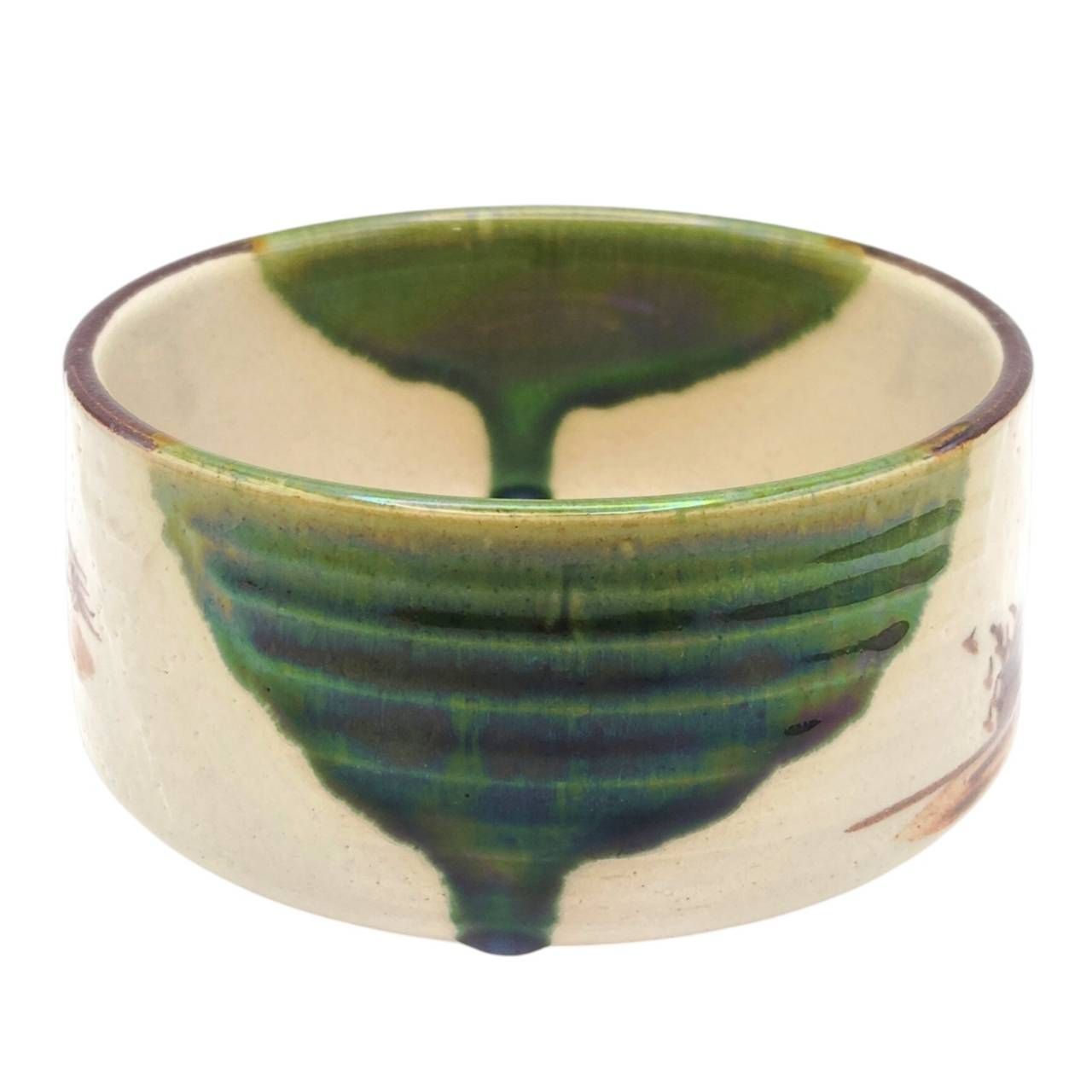 茶道具 筒茶碗 緑釉 絵付 在銘 刻印有 抹茶碗 冬の茶道具 陶器 骨董