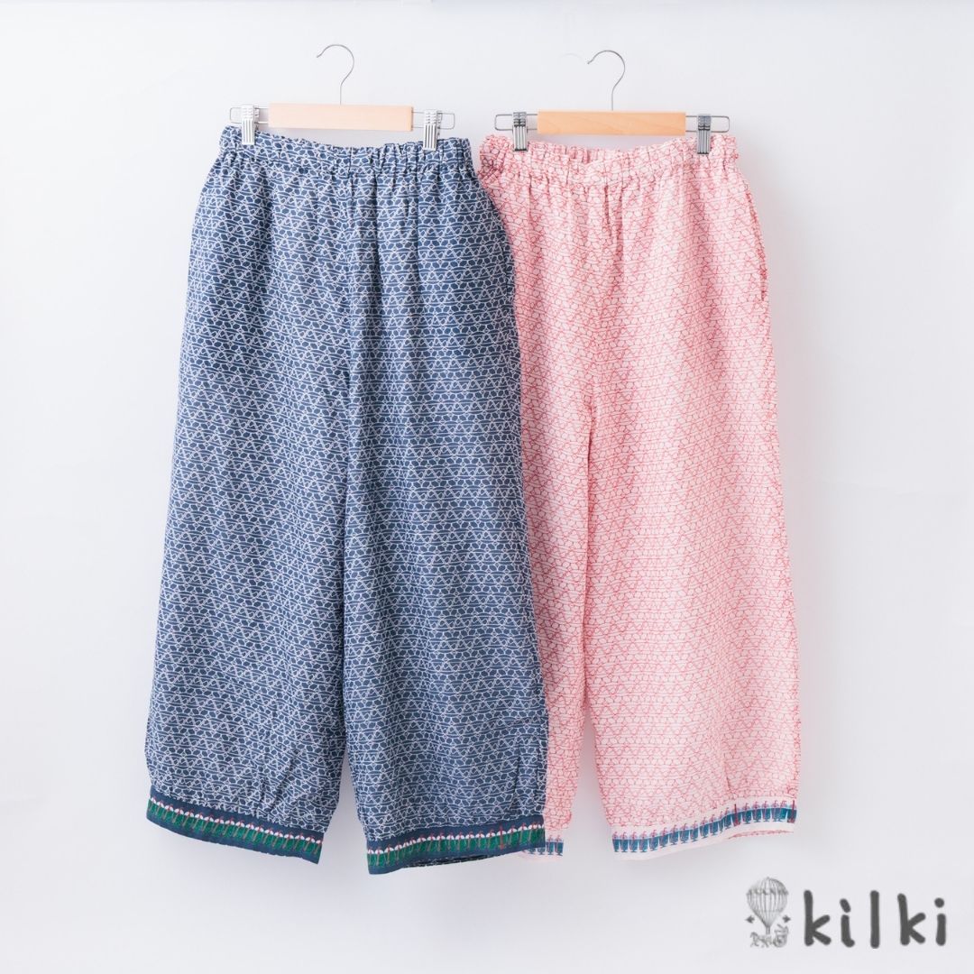 KILKI キルキー パンツ レディース 楽 夏 涼しい 柄 ソーダ ゆったり 綿100 コットン100% 総柄 テキスタイル クリームソーダ coco made おしゃれ かわいい ギフト プレゼント ネイビー ホワイト 6S-P34 Kl038