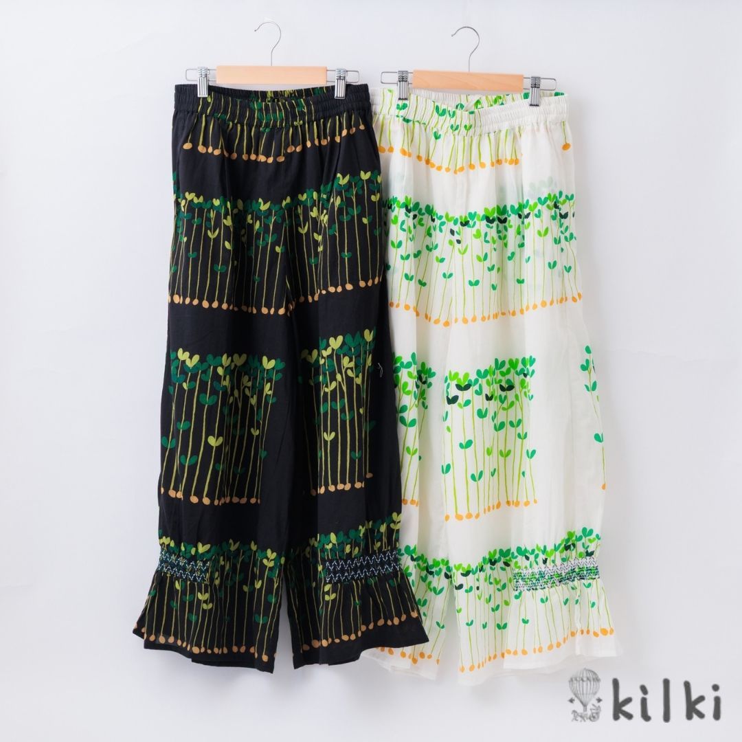 KILKI キルキー パンツ レディース 楽 夏 涼しい 柄 ビーンスプラウト きれいめ ゆったり 綿100 コットン100% 植物 おしゃれ かわいい ギフト プレゼント ブラック ホワイト 6B-P32 Kl031