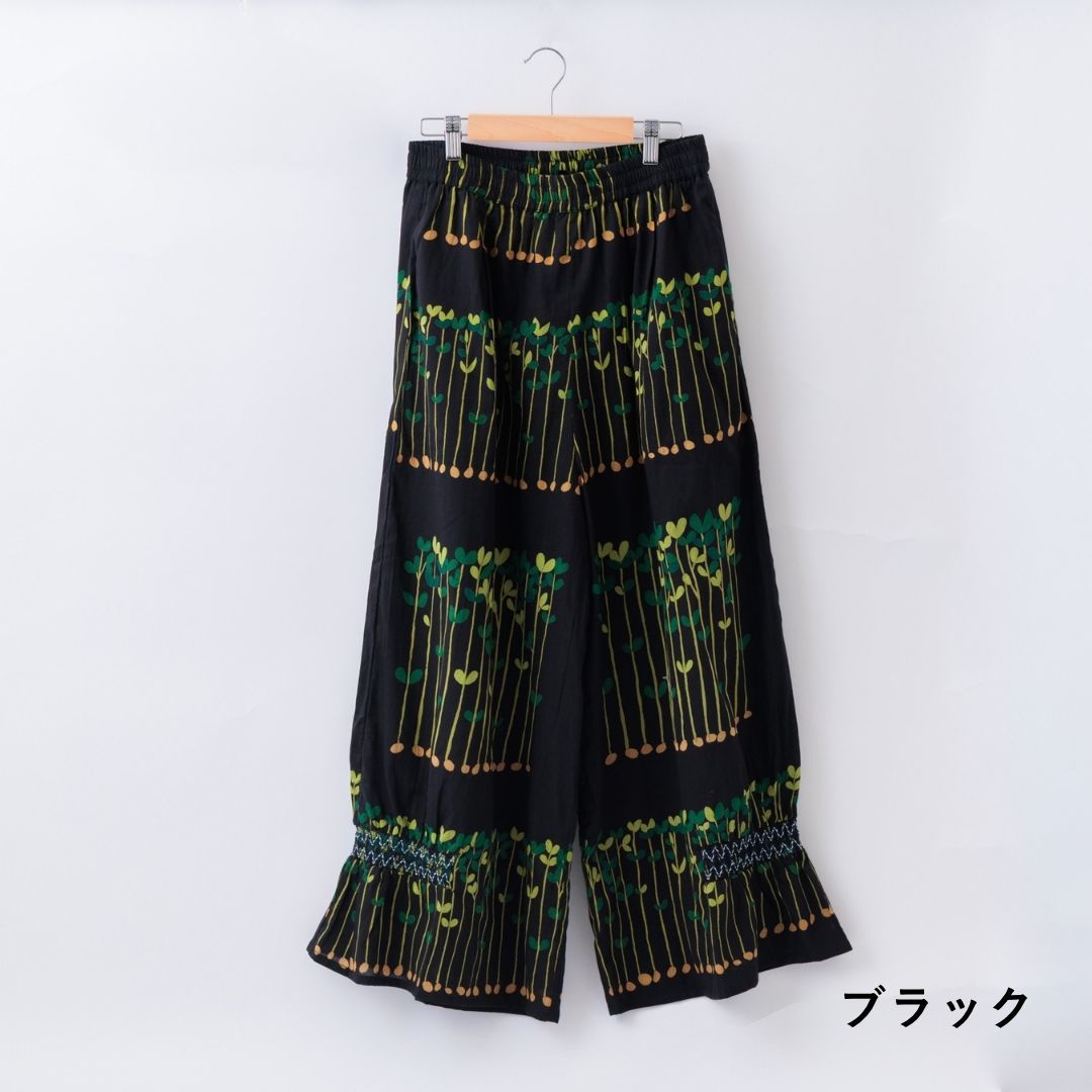 KILKI キルキー パンツ レディース 楽 夏 涼しい 柄 ビーンスプラウト きれいめ ゆったり 綿100 コットン100% 植物 おしゃれ かわいい ギフト プレゼント ブラック ホワイト 6B-P32 Kl031