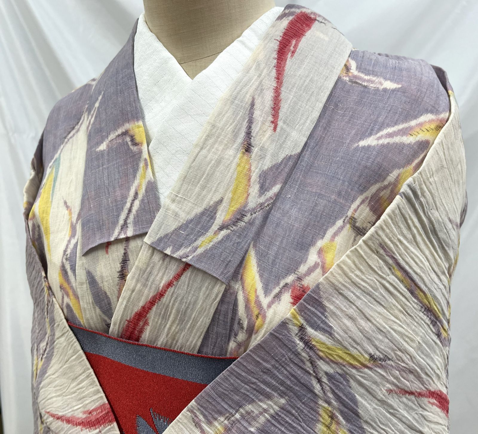 小地谷ちぢみ　単衣　夏着物　麻？　ラベンダー色　アンティーク着物　美品　リメイク