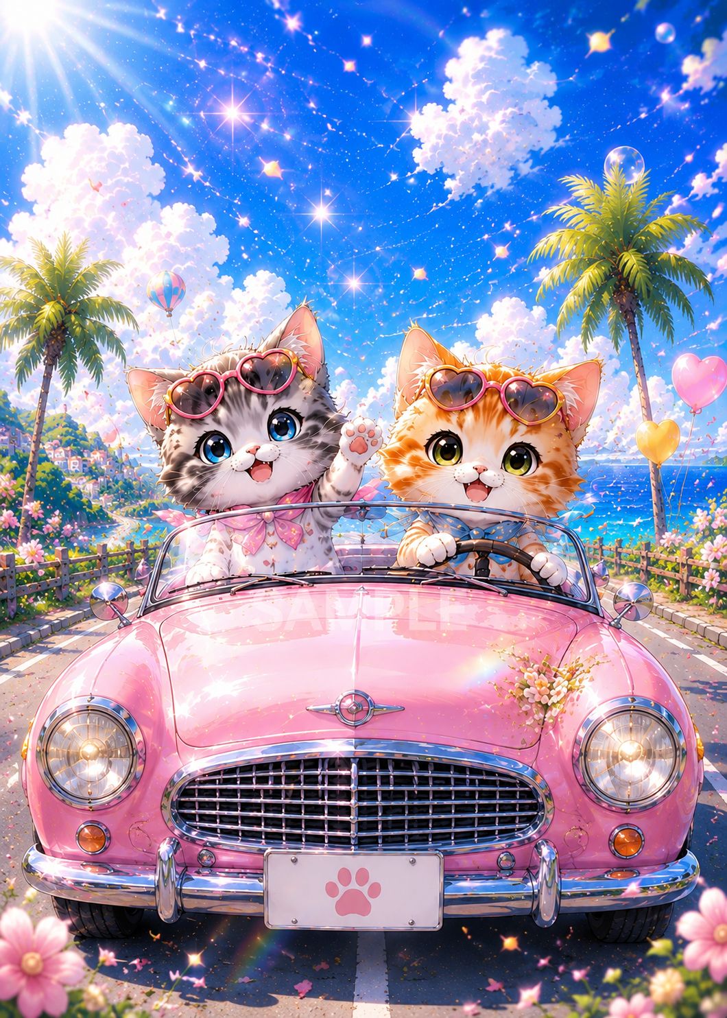 612 夏のドライブ♪ オープンカーでお出かけする仲良し猫たち 2Lサイズ