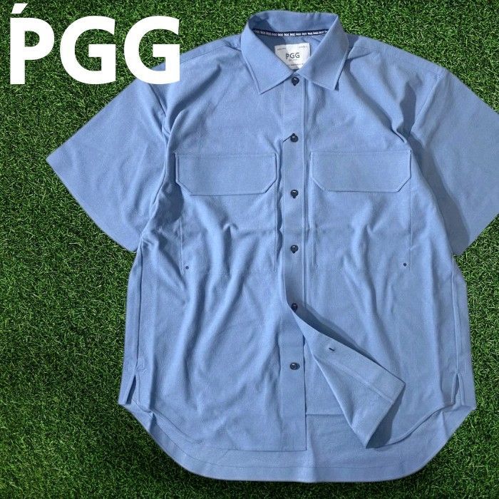 PGG by PEARLY GATES ピージージー パーリーゲイツ ゴルフ 45D デニット 胸ポケ付き 無地 マルチストレッチ 半袖 シャツ ゴルフウェア 268-3211605 定価4.1万 ブルー 5 ▲028▼60525w05
