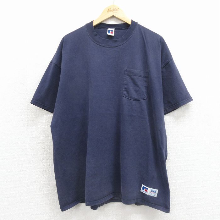 XL/古着 ラッセル 半袖 ビンテージ Tシャツ メンズ 90年代 90s 無地 胸ポケット付き 大きいサイズ コットン クルーネック USA製 ネイビー【spe】 26jun22 6,778円