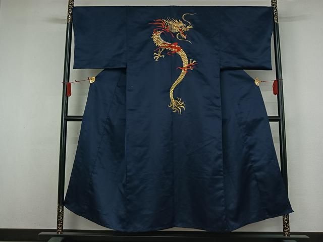 平和屋着物▽男性　着物　単衣　手刺繍　龍　金糸　洗える着物　AABJ3575jh
