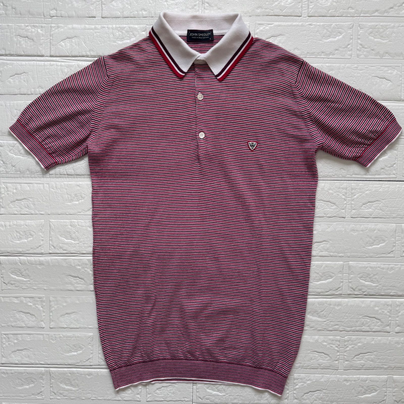 JOHN SMEDLEY シーアイランドコットン マルチボーダー 半袖 ニットポロシャツ レッド×バーガンディ サイズS イギリス製 / ジョンスメドレー
