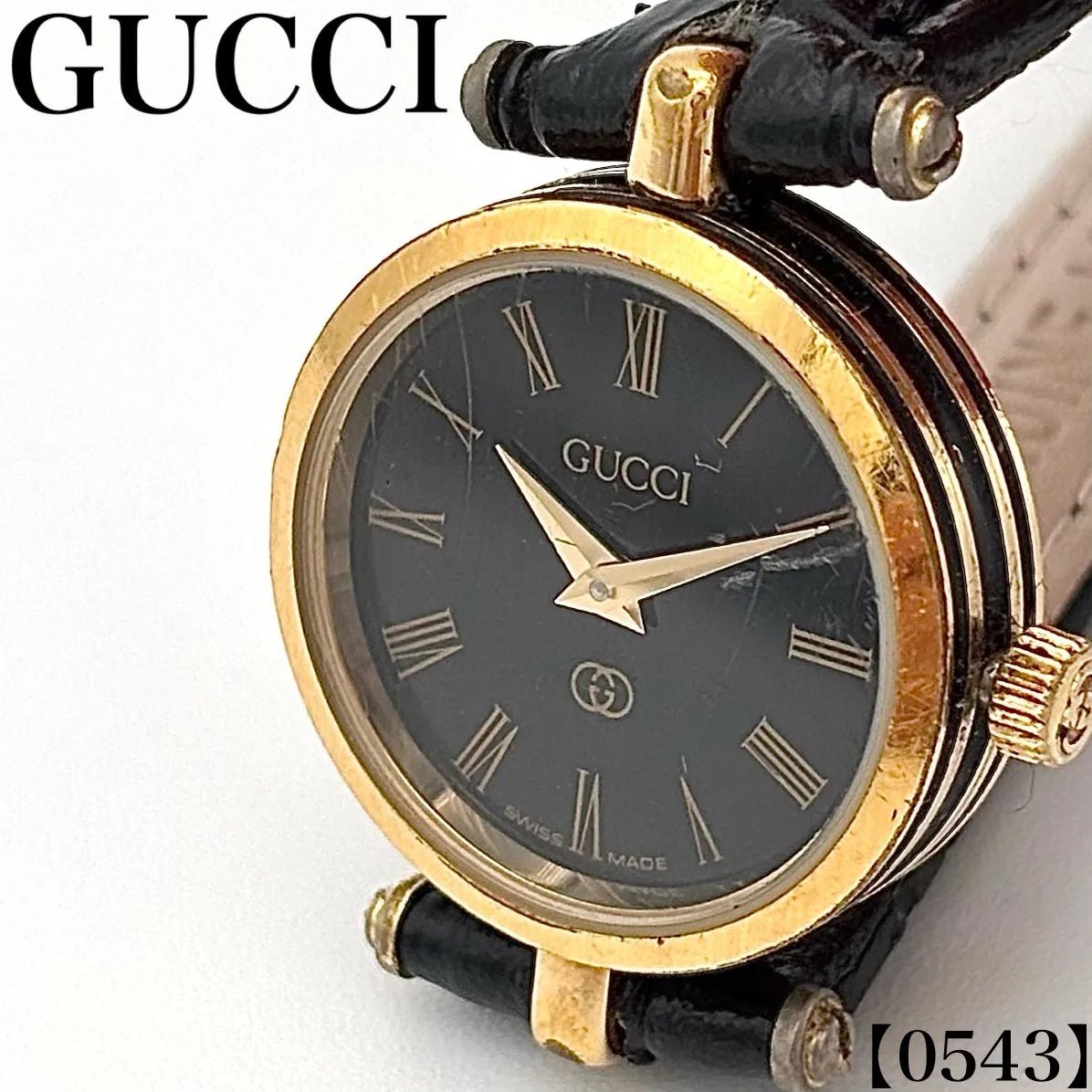 稼働品 Working item グッチ GUCCI 腕時計 レディース Ladies クォーツ Quartz 2040L サイド シェリーライン ブラック 文字盤 ゴールド ケース ラウンド ローマン インデックス ヴィンテージ オールドグッチ 0543