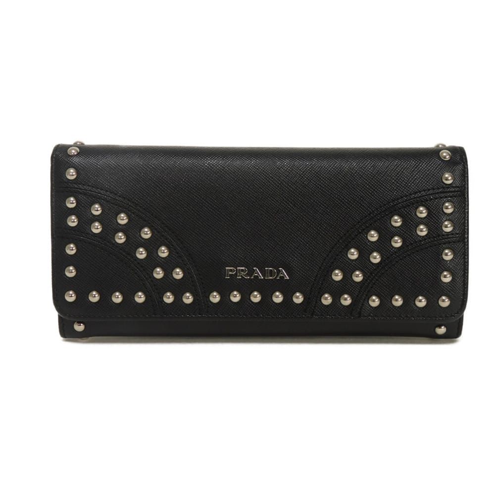 PRADA/プラダ スタッズ 二つ折り ロング ウォレット 1M1132 /000 PRADA スタッズ プラダ 二 レザー プラダ24年冬ウィメンズ財布、スタッズ散りばめたホワイトレザー