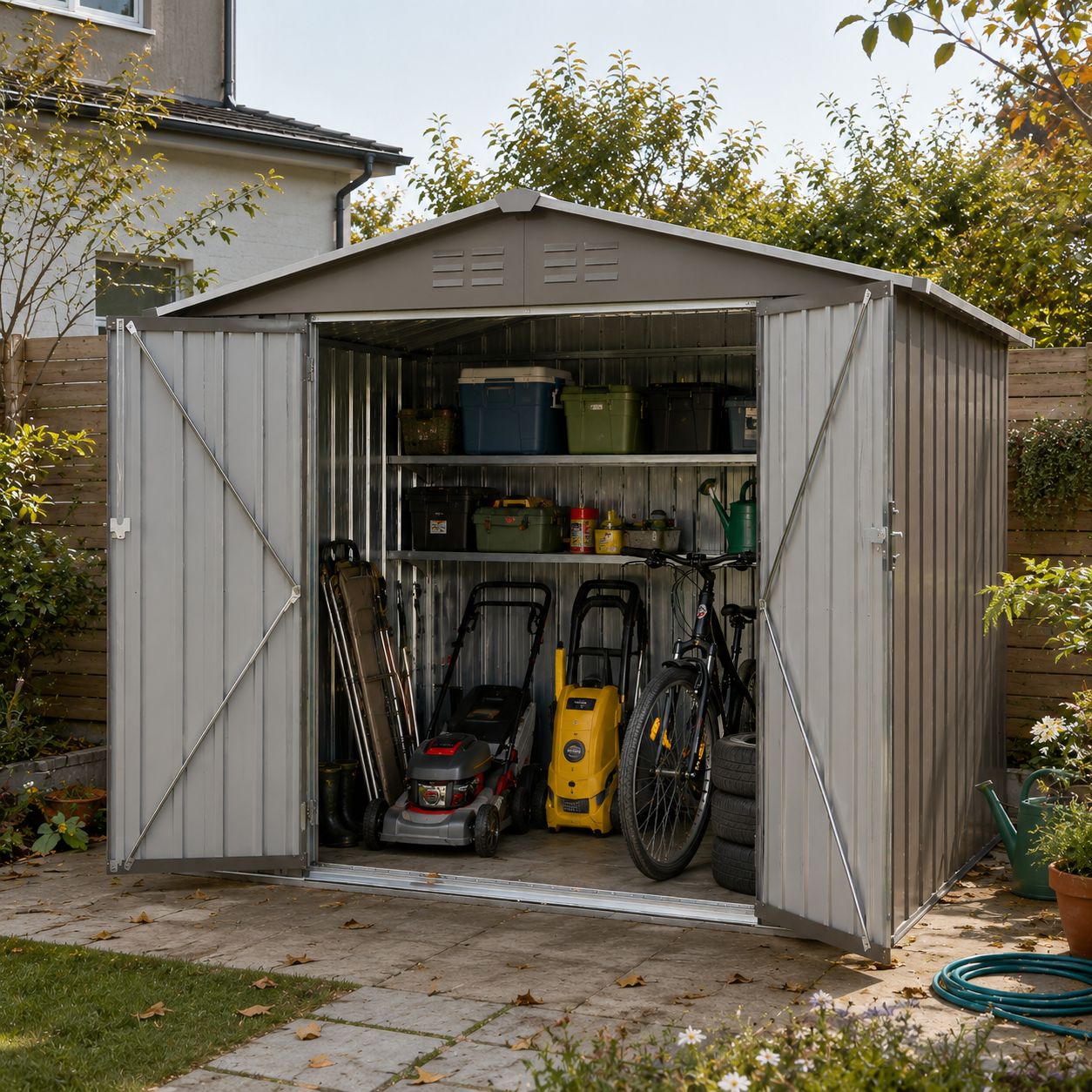 【期間限定1000クーポン配布中】物置 屋外 大型 戸外収納庫 スチール 幅239×奥行174×高さ185cm 屋外収納庫 防錆 防水 換気口付き 大容量 自転車収納 ガーデニング用品収納 工具収納 倉庫 ベランダ 庭 収納庫 物置き グレー アンカー固定対応