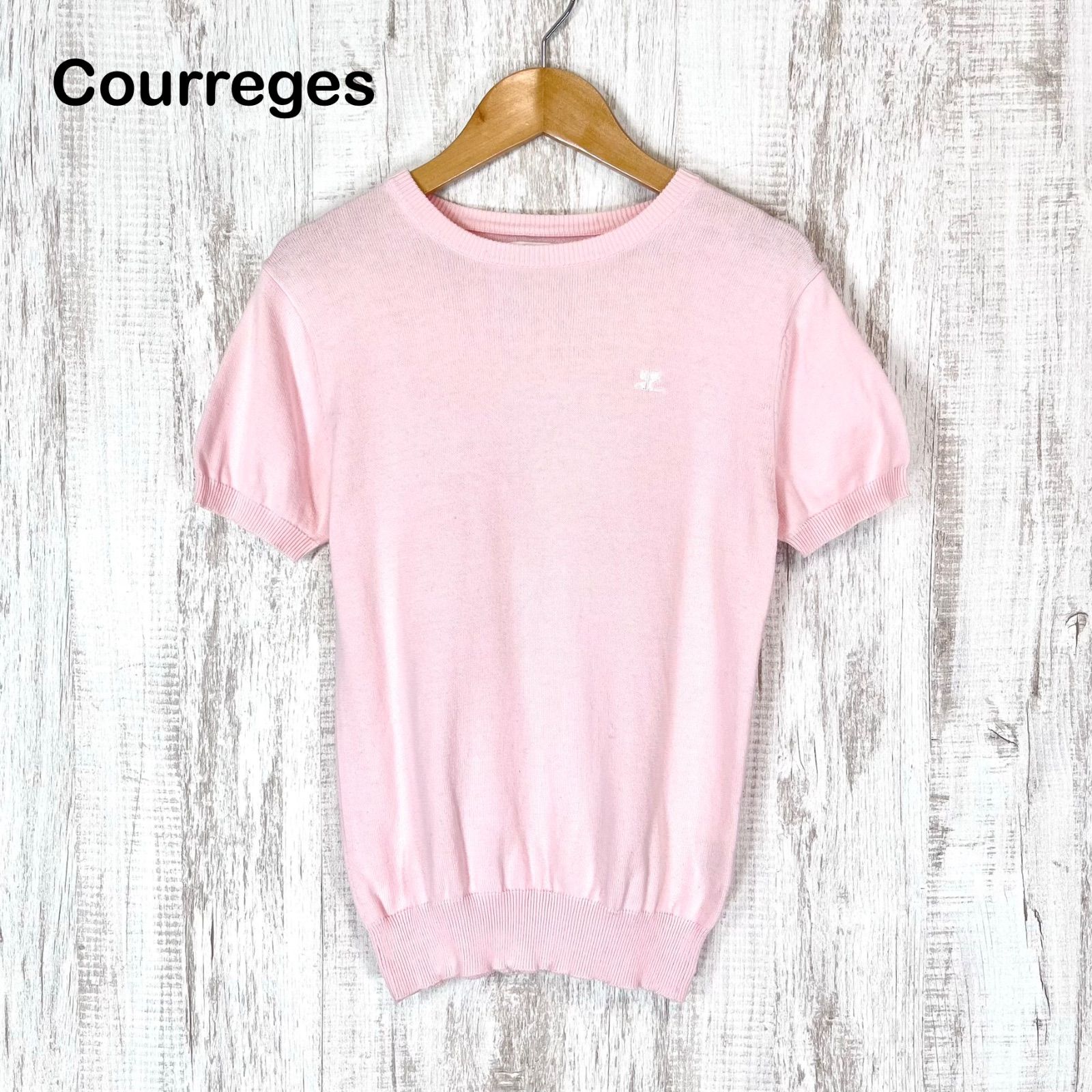 Courreges - Courreges 半袖ニット サマーニット ビジュー ロゴ ピンク Courreges クレージュ ACロゴ刺繍 クルーネック サマーニット ピンク