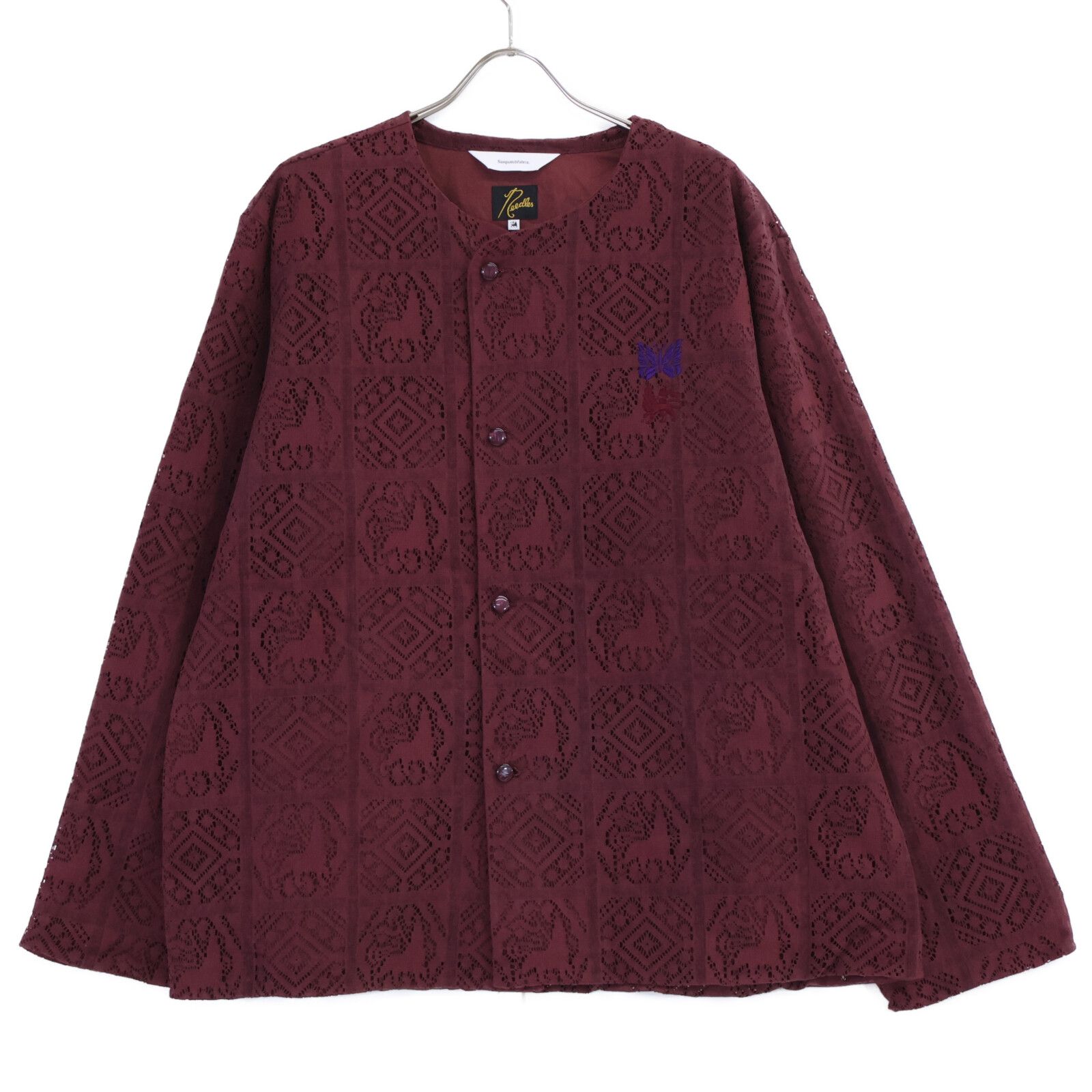 SASQUATCHfabrix. サスクワァッチファブリックス 【×Needles】23AW-SY9-070 ボルドー ライオン柄ベルベットレーススナップカーディガンジャケット L SASQUATCHfabrix. サスクワァッチファブリックス 【×Needles】23AW-SY9
