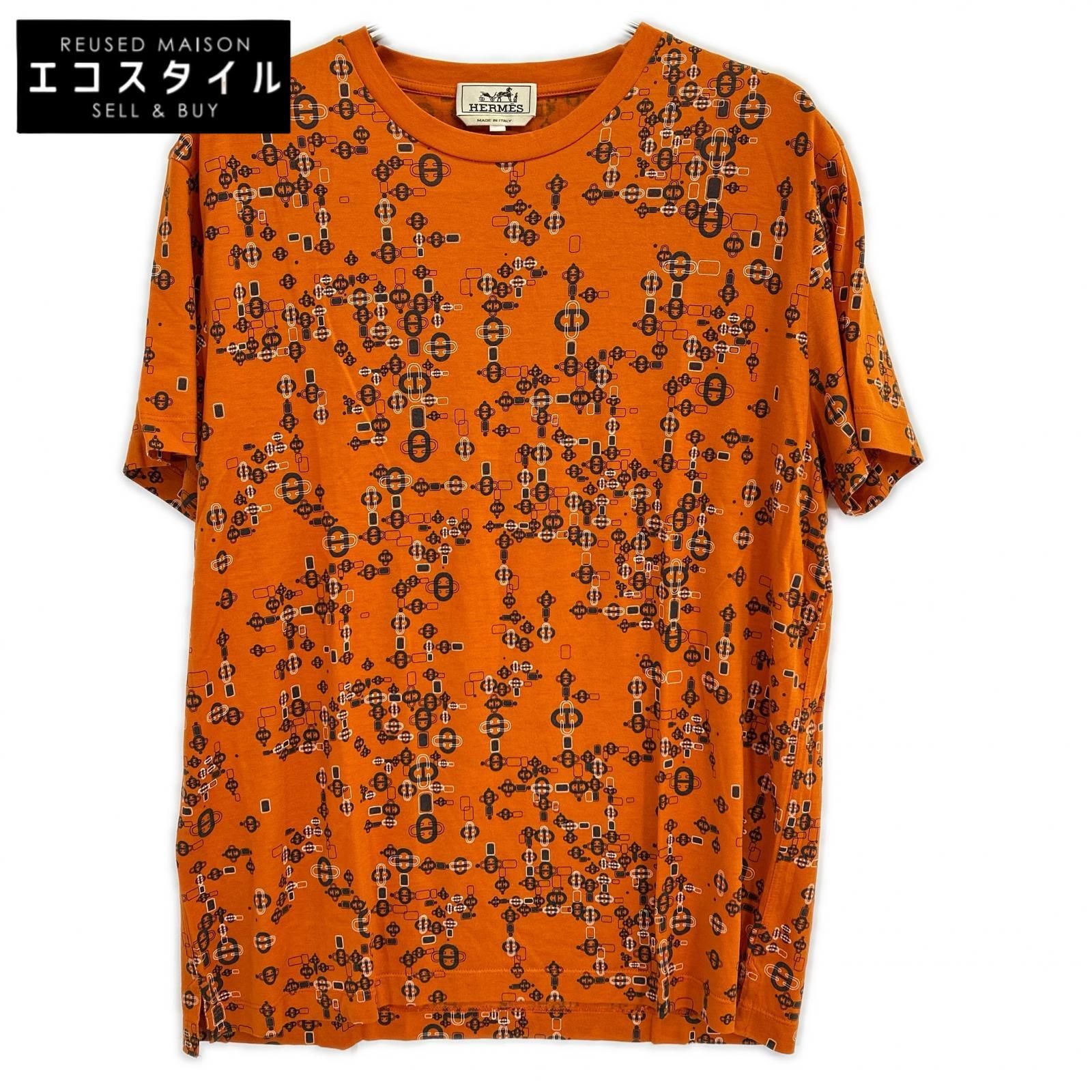 HERMES　エルメス　オレンジ シェーヌダンクル柄 コットン Tシャツ　XL