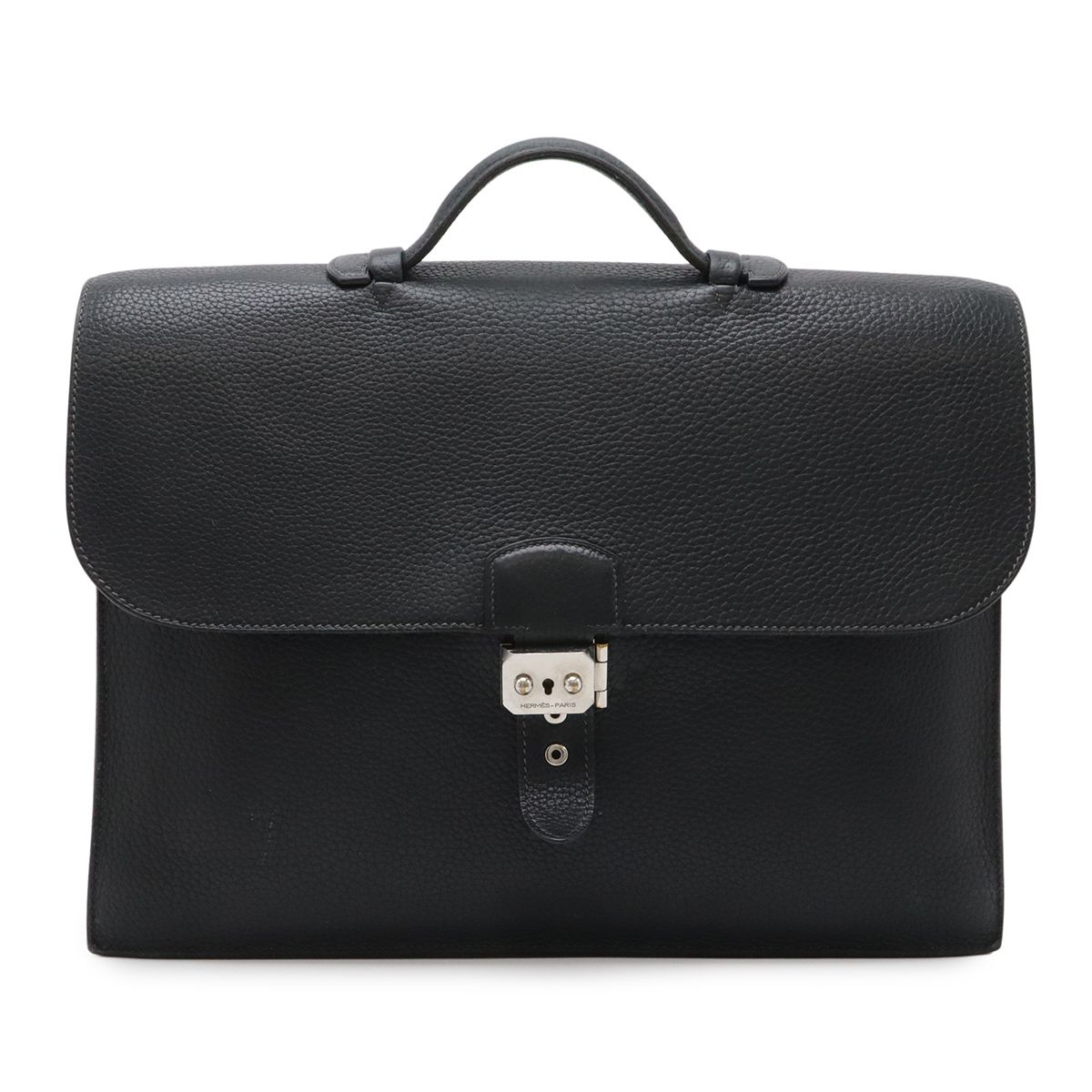 HERMES Hermes Sac Adepeche 38 Business Bag Briefcase Document Bag Fjord Leather Navy Black Silver Hardware □ F Engraved