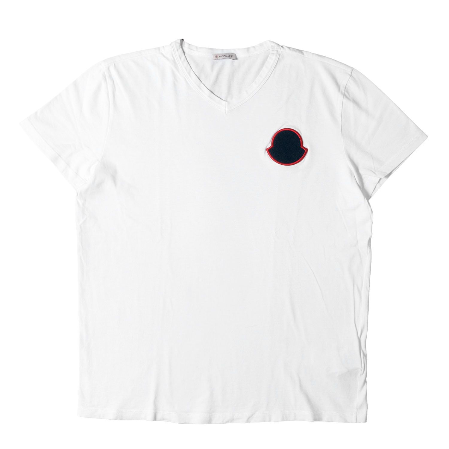 MONCLER モンクレール Tシャツ ホワイト 白 サイズ:XXL シェニールワッペン Vネック Tシャツ MAGLIA SCOLLO A V トップス カットソー 半袖【メンズ】【中古】