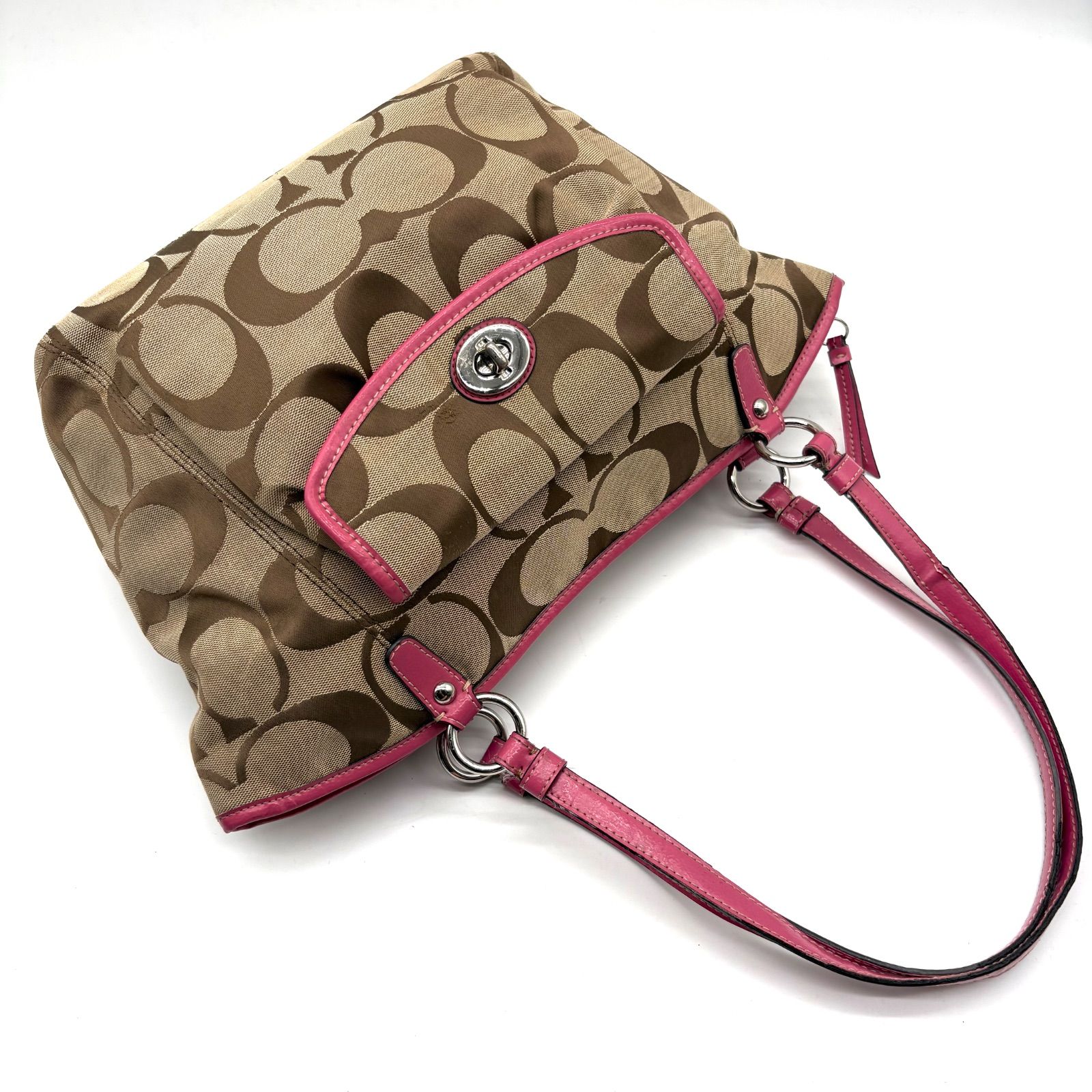 COACH Y2K Signature Turnlock Canvas Tote Bag Beige Pink F14659