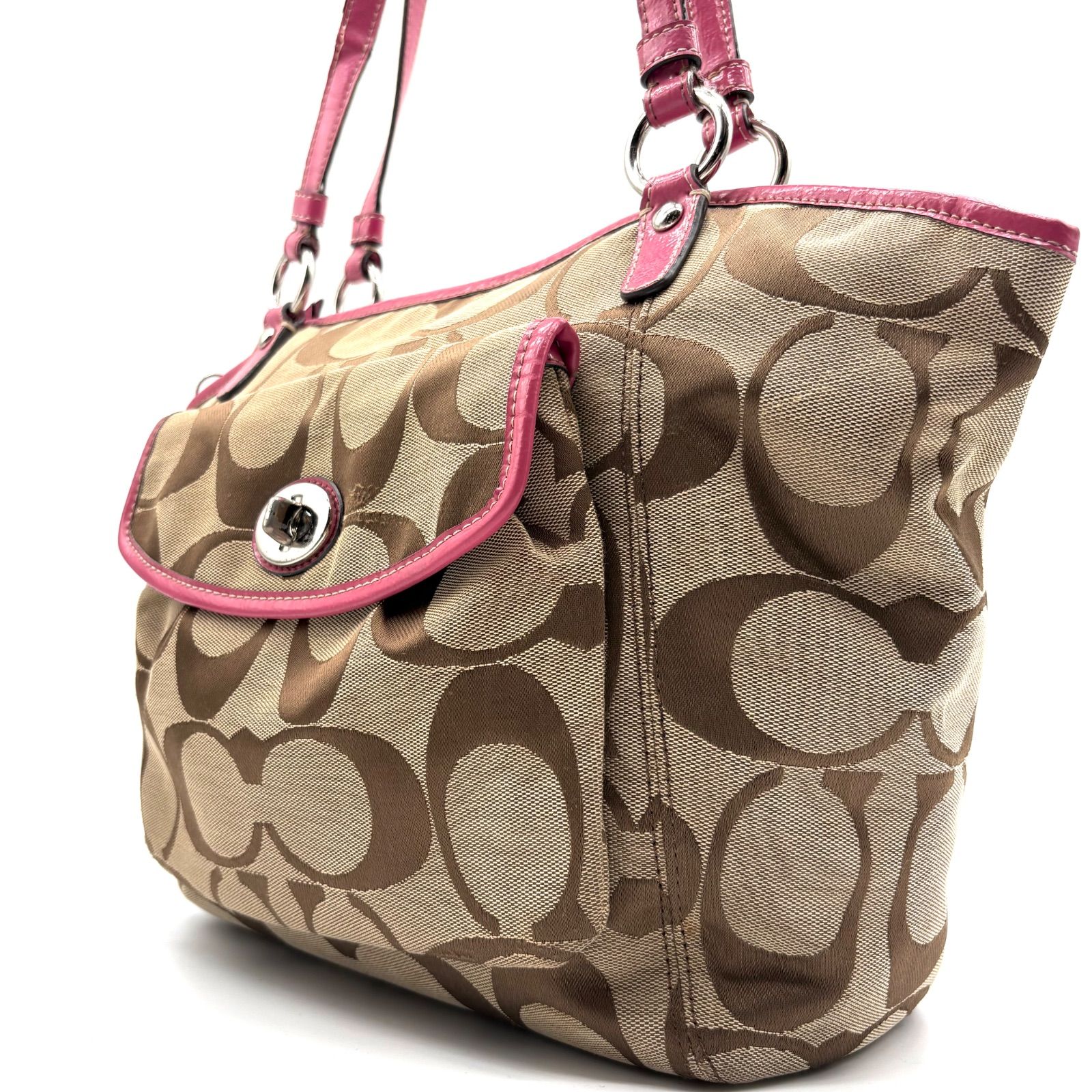 COACH Y2K Signature Turnlock Canvas Tote Bag Beige Pink F14659