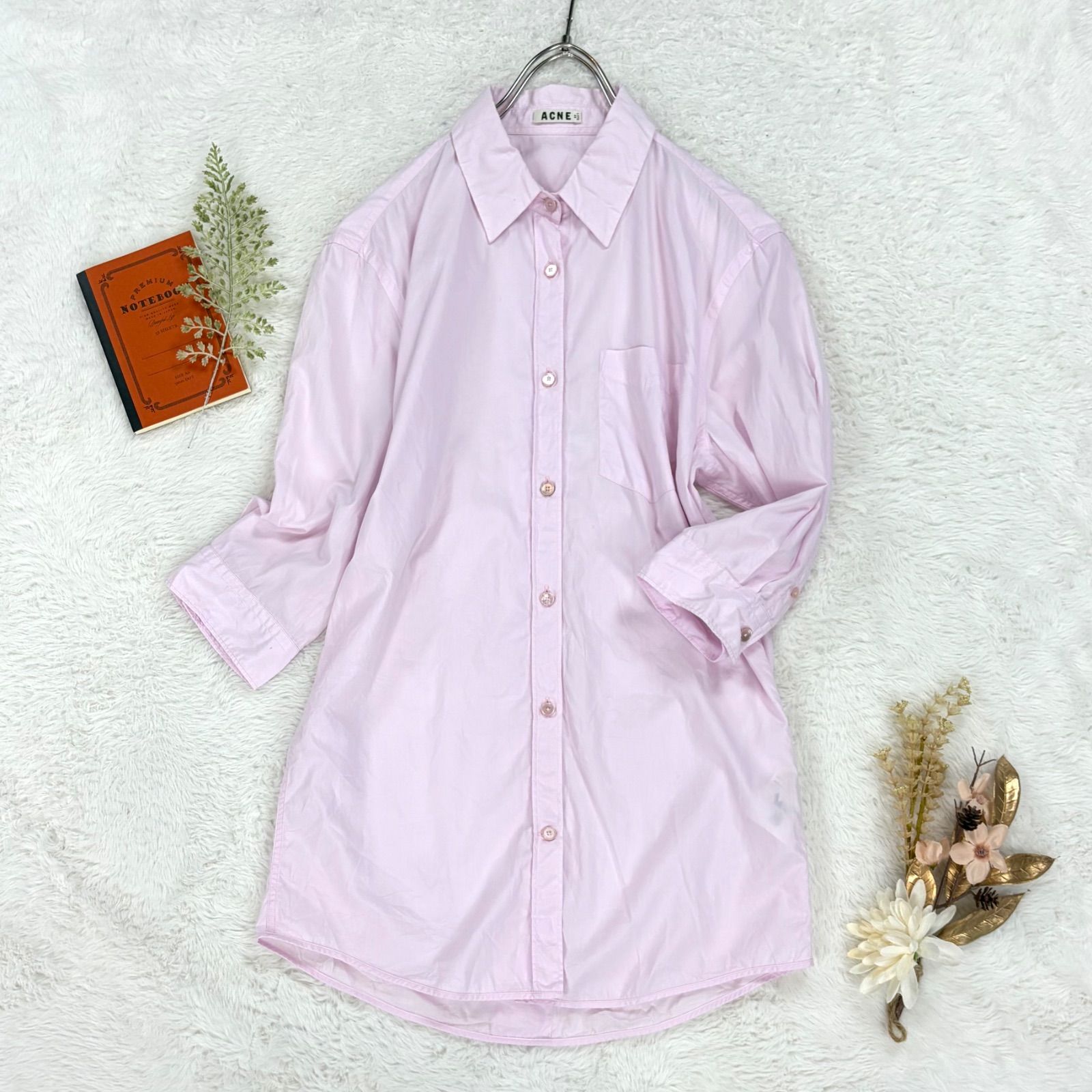 Acne Studios アクネ 七分袖 シャツ ワンピース チュニック ポケット 無地 ピンク レディース 32 RN39815