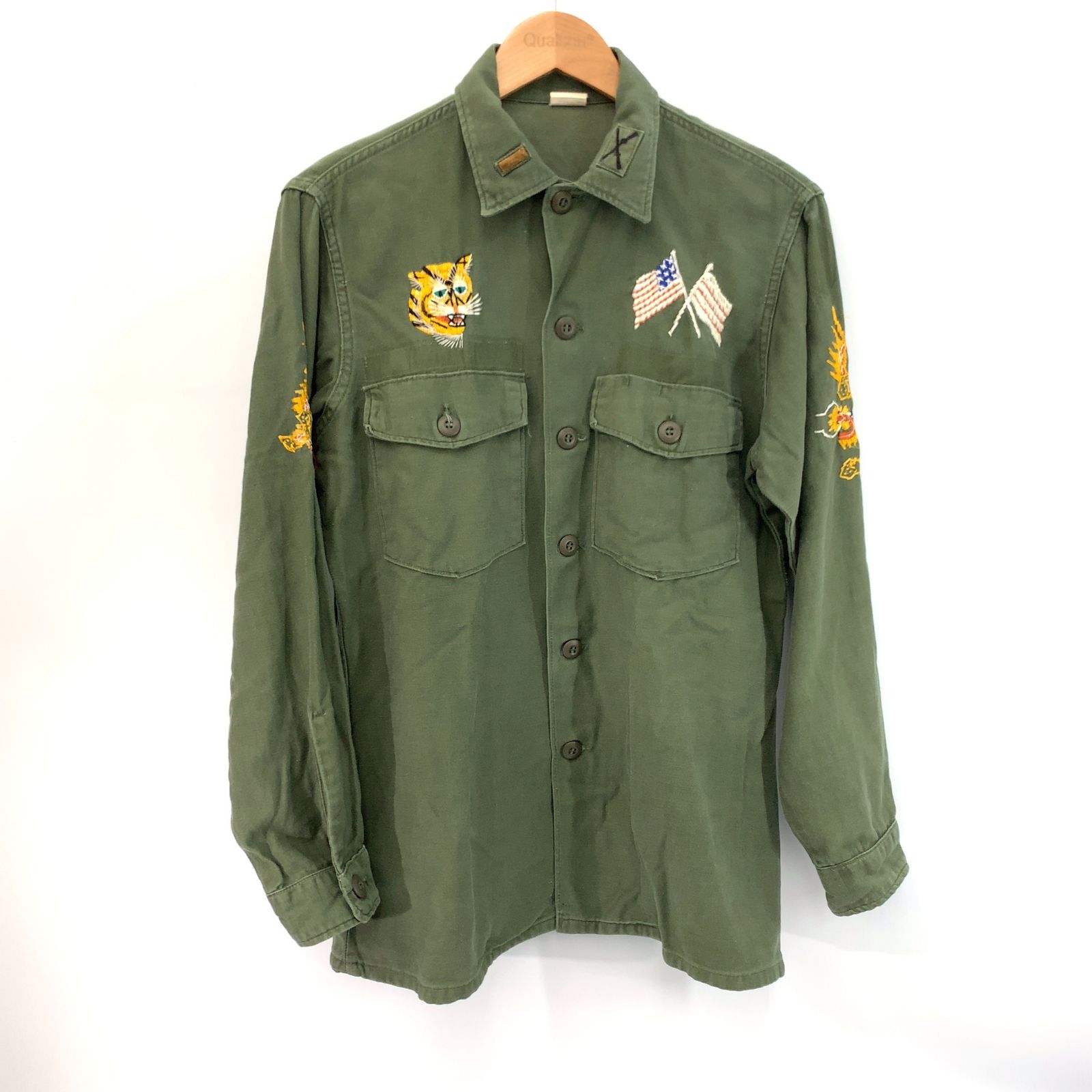 70s 米軍 ユーティリティーシャツ 刺繍 ベトナム カーキ 15ハーフ M相当 ミリタリー VINTAGE ヴィンテージ メンズ _201