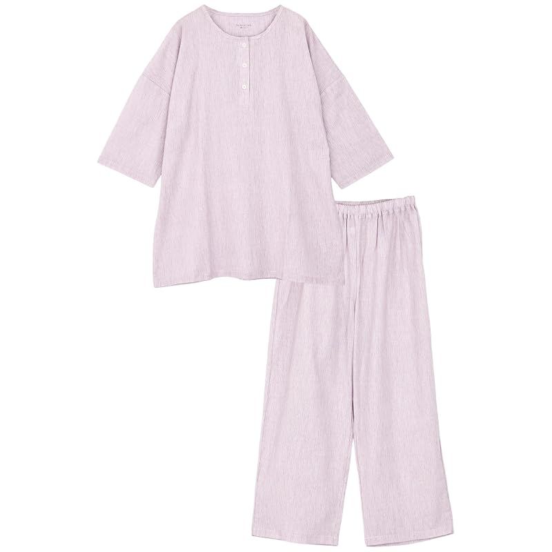 【新品】 [SUIMIN CARE] スイミンケア 日本製 レディース 高島ちぢみ パジャマ ヘンリーネック 7分袖 八分丈パンツ 綿100％ 無地 春 夏 秋 L パープル