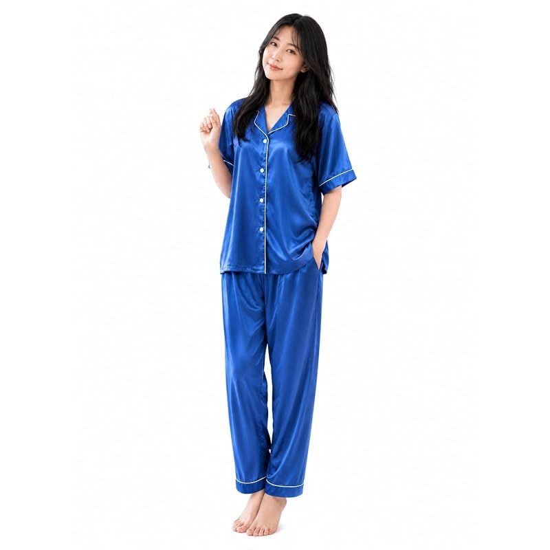 【新品】 [ギフツオブブリリアンス] レディース シルク パジャマ 半袖 女性用 夏 [ギフトセット] (L, ブルー) PJ_1626
