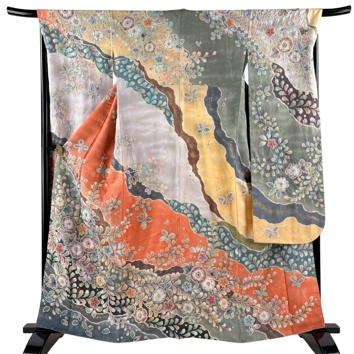 振袖 身丈162.5cm 裄丈67.5cm L 袷 翠山工房 落款 辻が花 金彩 銀通し オレンジ 正絹 逸品 【中古】