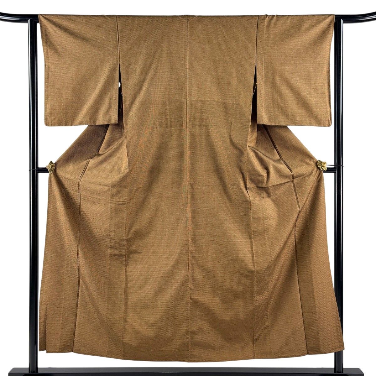 【美品】 お召 身丈153.5cm 裄丈62cm S 単衣 格子 茶色 正絹 逸品 【中古】