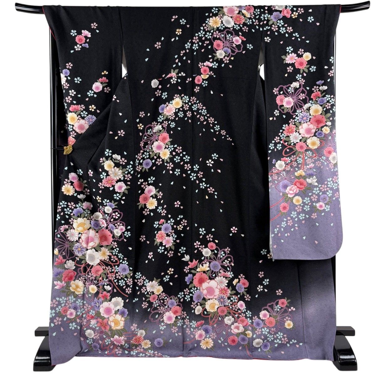 振袖 身丈171cm 裄丈70cm L 袷 花束 桜 銀通し 箔 黒 正絹 逸品 【中古】
