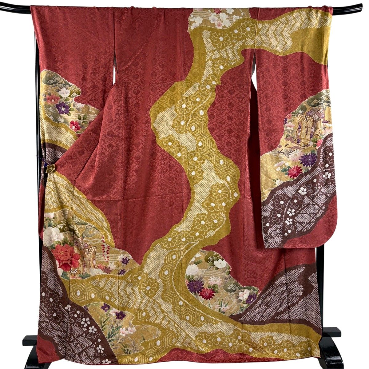 振袖 身丈168cm 裄丈70.5cm L 袷 御所車 草花 金糸 金彩 濃ピンク 正絹 秀品 【中古】 6,600円