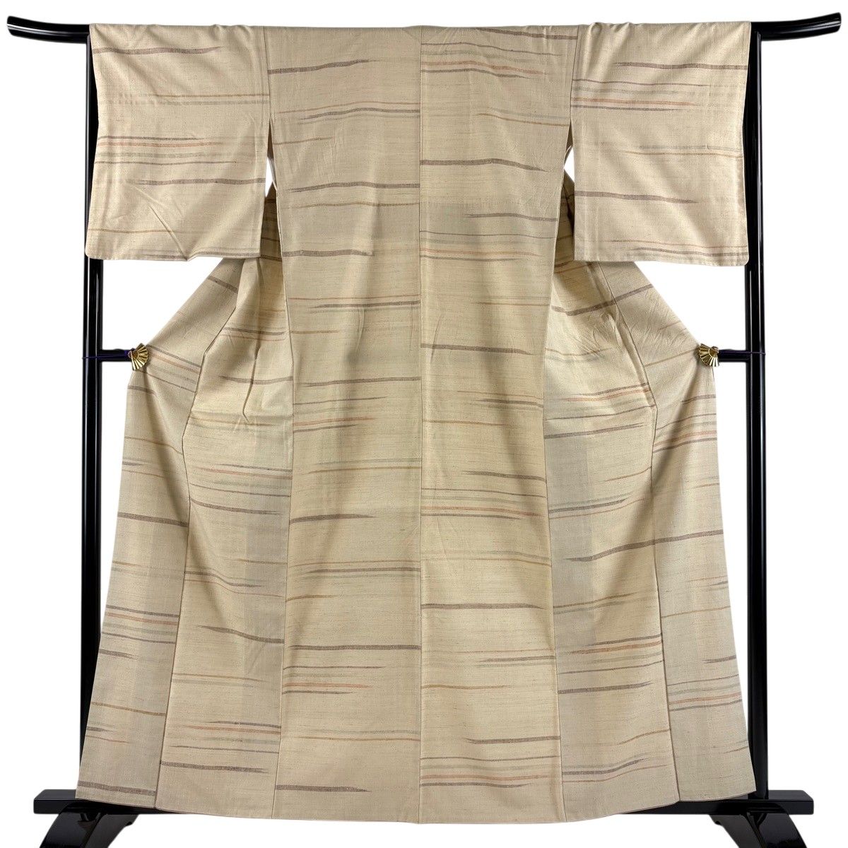 紬 身丈161.5cm 裄丈65.5cm M 袷 縞 ベージュ 正絹 秀品 【中古