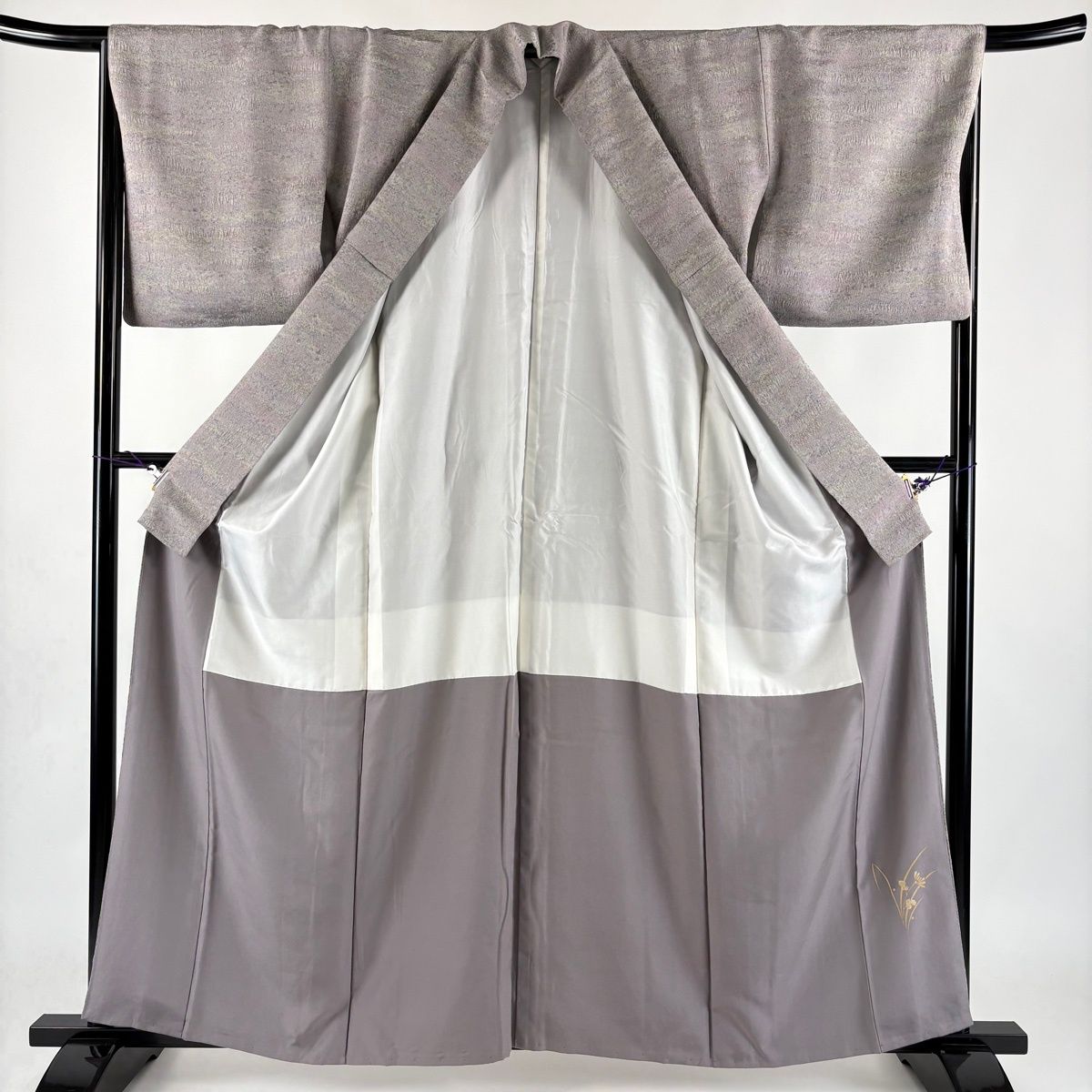 【美品】 小紋 身丈161cm 裄丈67cm M 袷 陶彩染 幾何学 灰紫 正絹 秀品 【中古】