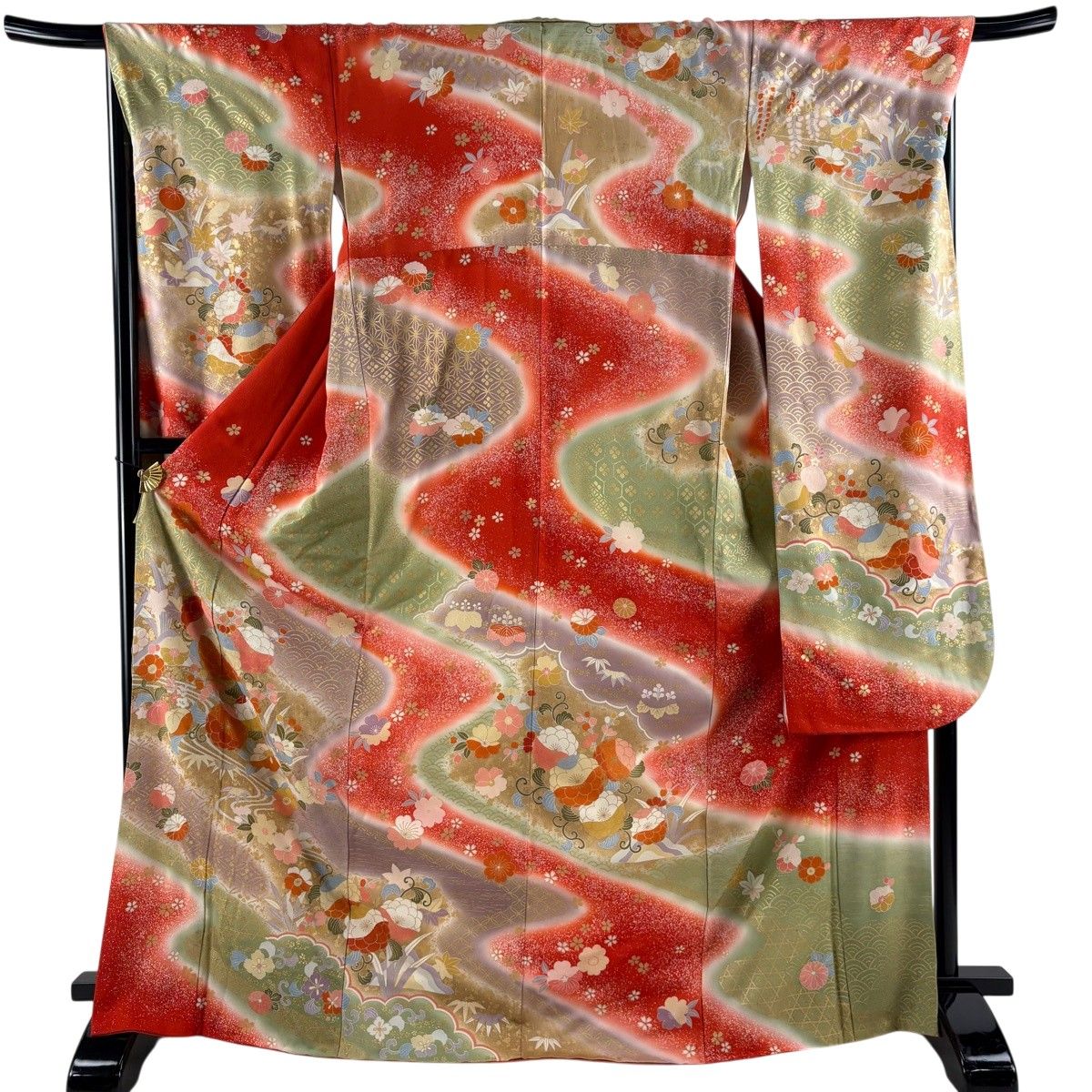 振袖 身丈170cm 裄丈68.5cm L 袷 草花 有職文様 金彩 ぼかし 朱色 正絹 秀品 【中古】