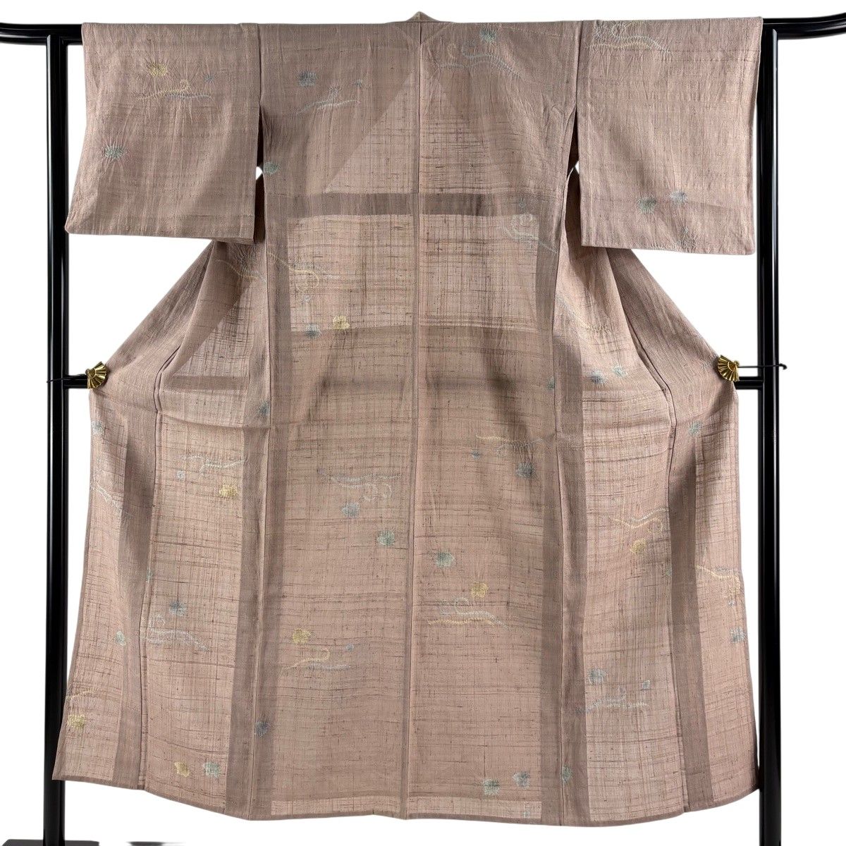 小紋 身丈150cm 裄丈62.5cm S 単衣 紬地 葉柄 絞り 薄茶色 正絹 秀品 【中古】