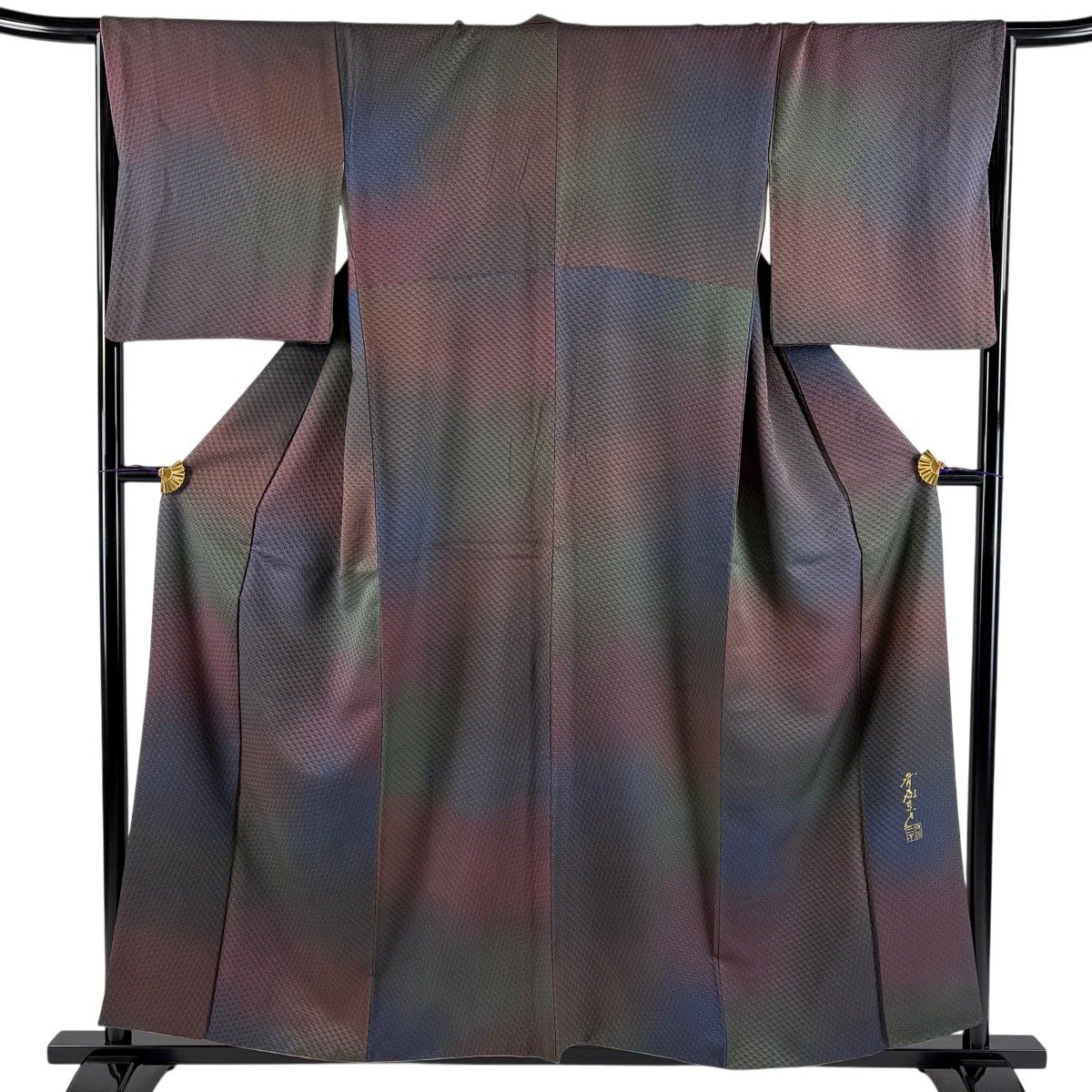 【美品】 小紋 身丈157cm 裄丈66cm M 袷 斉藤三才 落款 幾何学 ぼかし 灰紫 正絹 秀品 【中古】