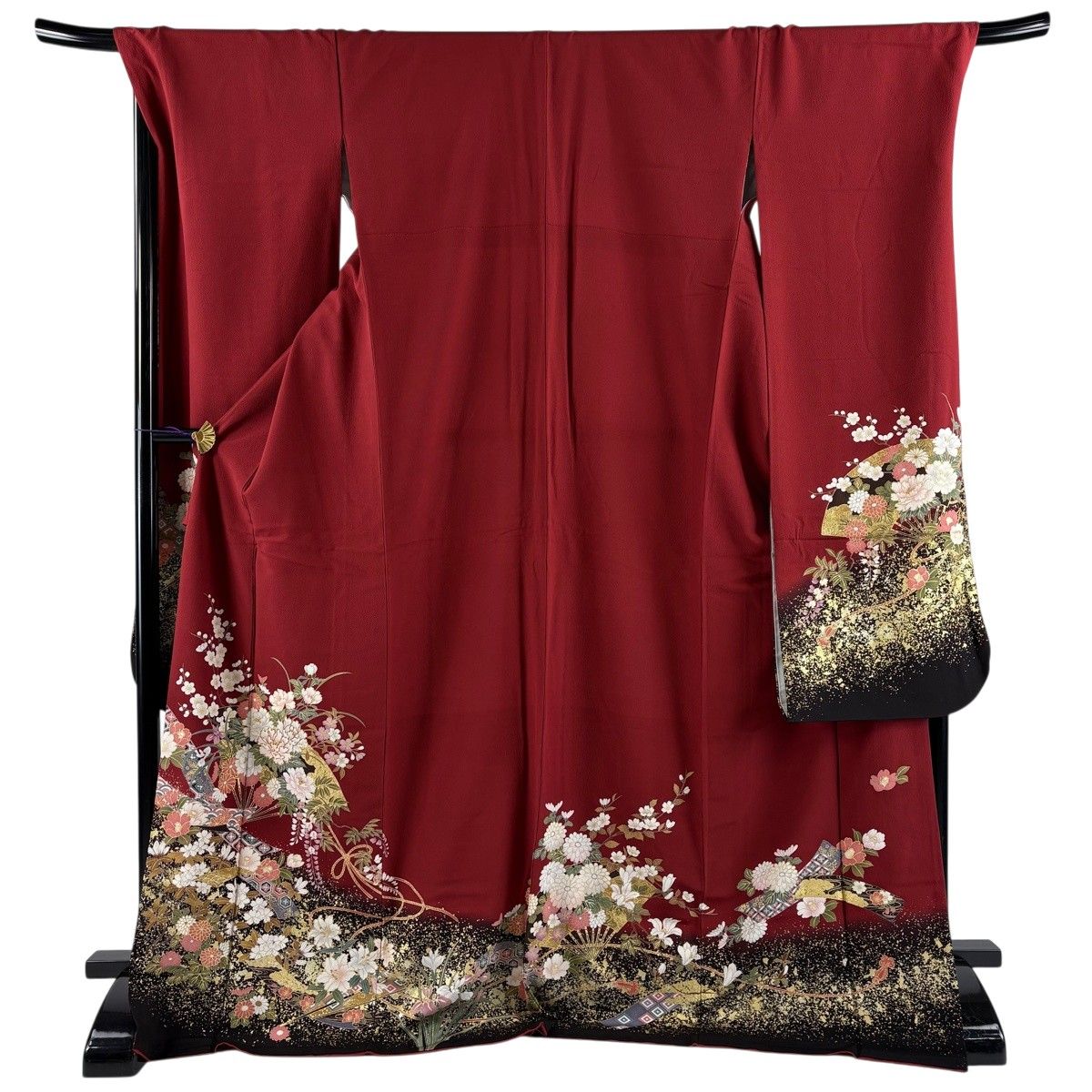 振袖 身丈175cm 裄丈72cm L 袷 やまと 花扇 短冊 金糸 金彩 赤 正絹 秀品 【中古】