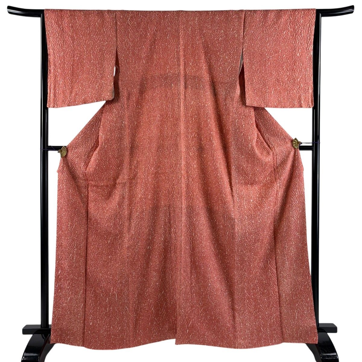 【美品】 小紋 身丈165.5cm 裄丈65.5cm M 袷 幾何学模様 絞り オレンジ 正絹 秀品 【中古】