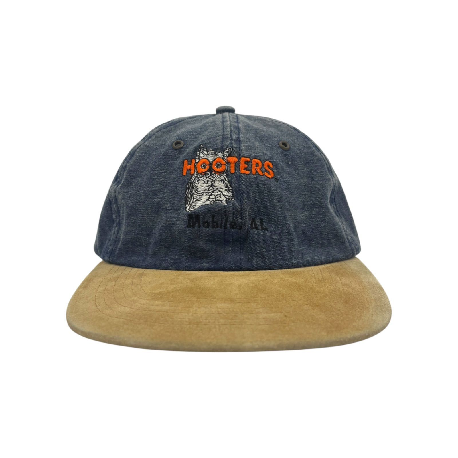 【キャップ/帽子】90s HOOTERS フーターズ ビンテージ トラッカーキャップ ネイビー 紺 ブラウン 茶色 デニム スエード