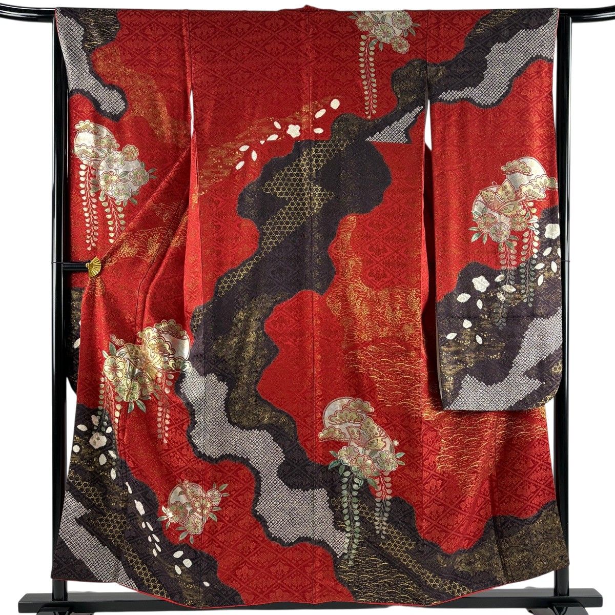 振袖 身丈157cm 裄丈65cm M 袷 蝶 花丸文 金銀彩 金糸 赤 正絹 名品 【中古】