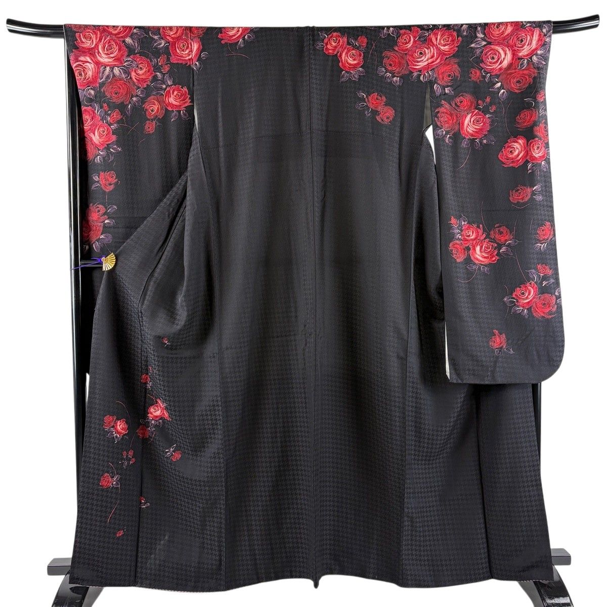【美品】 振袖 身丈163cm 裄丈68cm L 袷 やまと 薔薇 地紋 金彩 黒 正絹 名品 【中古】