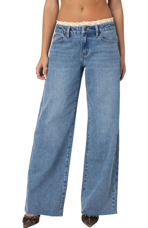 アディクテッド レディース ボトムス デニムパンツ ワイドレッグ レーストリム ローライズ レース ジーンズ EDIKTED Karlie Lace Trim Low Rise Wide Leg Je