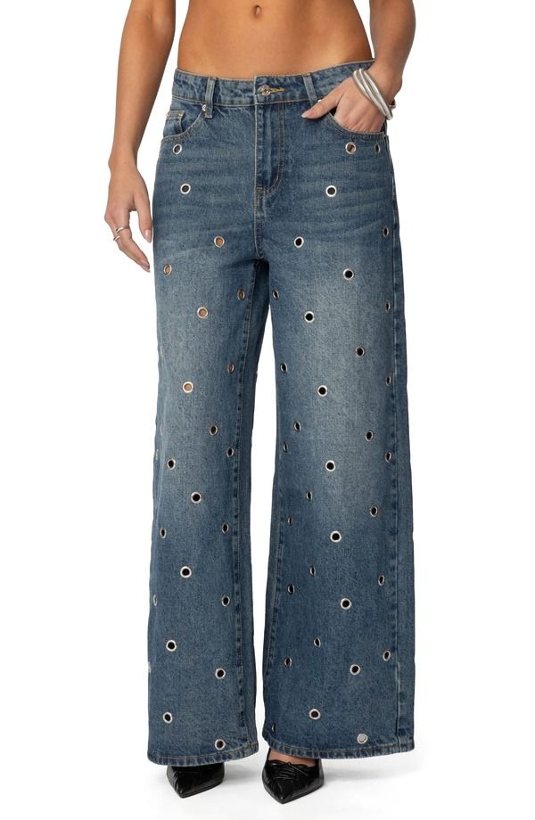 アディクテッド レディース ボトムス デニムパンツ ローライズ ジーンズ EDIKTED Jainie Grommet Low Rise Jeans BLUEWASHED ブルー