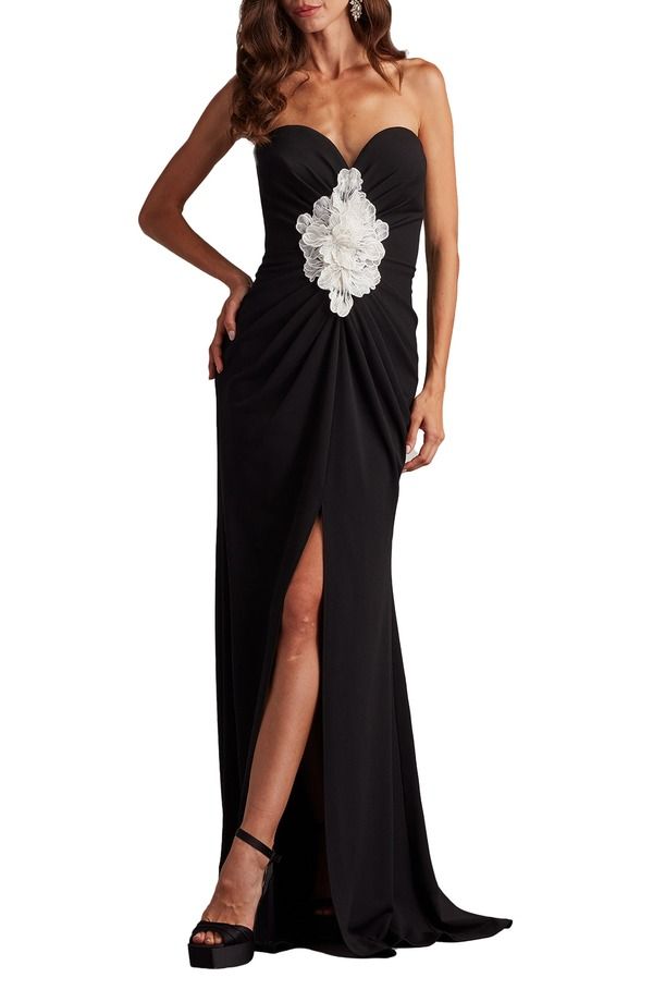 タダシショージ レディース トップス ワンピース ギャザー ストラップレス Tadashi Shoji 3D Floweruched Strapless Gown BLACK IVORY アイボリー