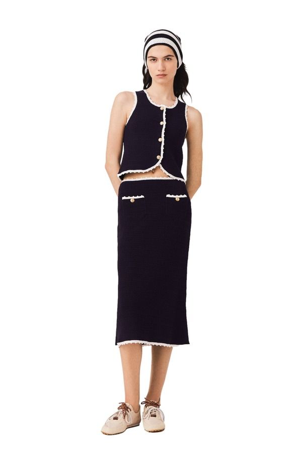 マージュ レディース ボトムスカート ミディ maje Midi skirt with crochetrim Navy ネイビー