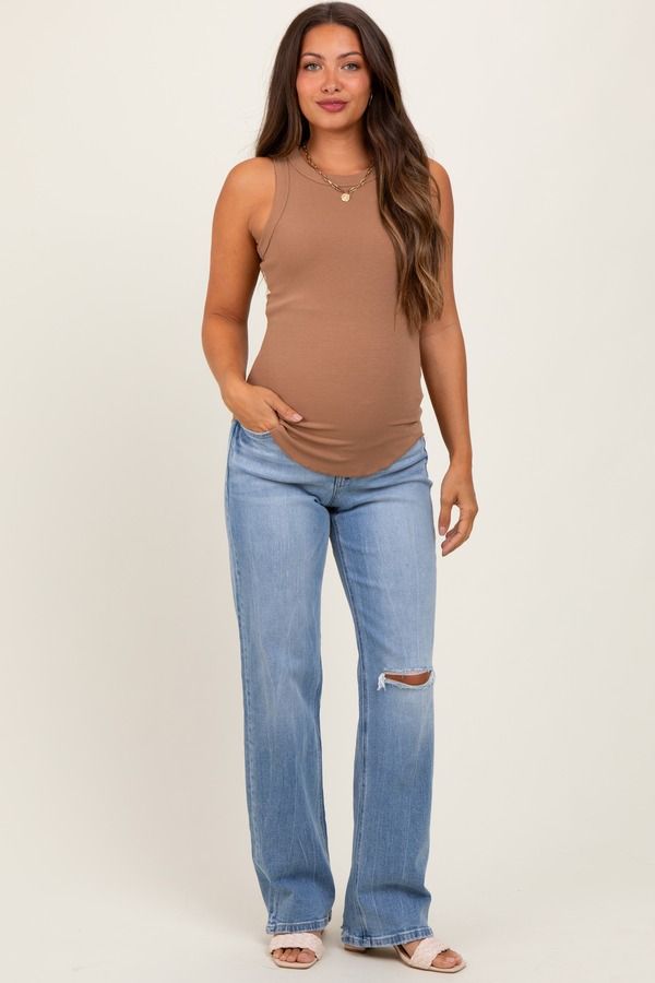 ピンクブラッシュ レディース ボトムス デニムパンツ スリムフィット ワイドレッグ マタニティ ジーンズ PinkBlush Distressed Knee Slim Fit Wide Leg Mat