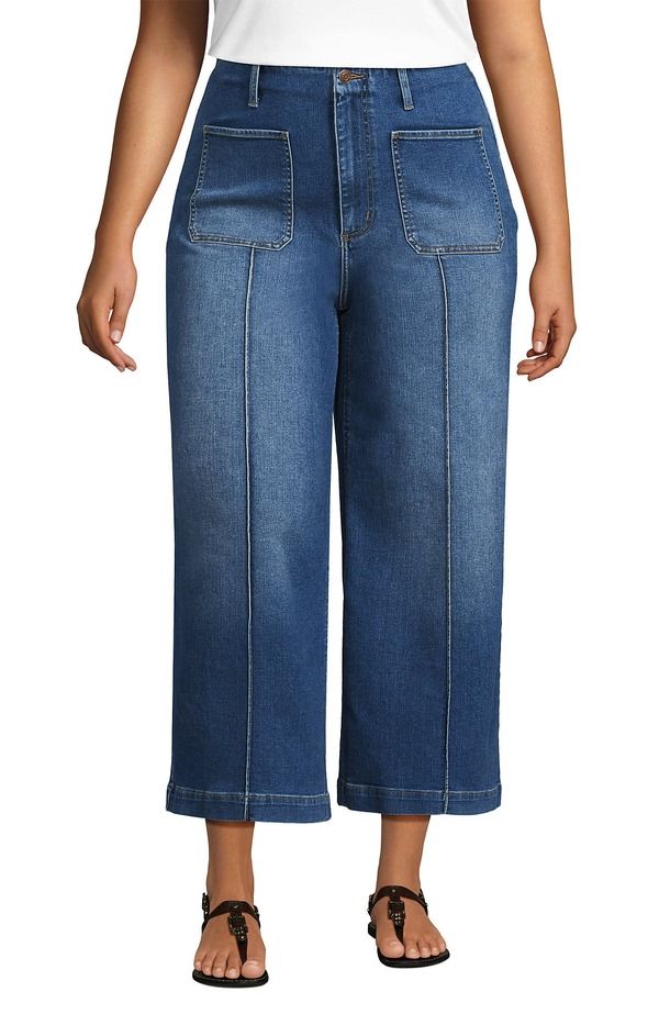 ランズエンド レディース ボトムス デニムパンツ ワイドレッグ プラスサイズ ジーンズ Lands End Plusize Recover Denim High Rise Patch Pocket E