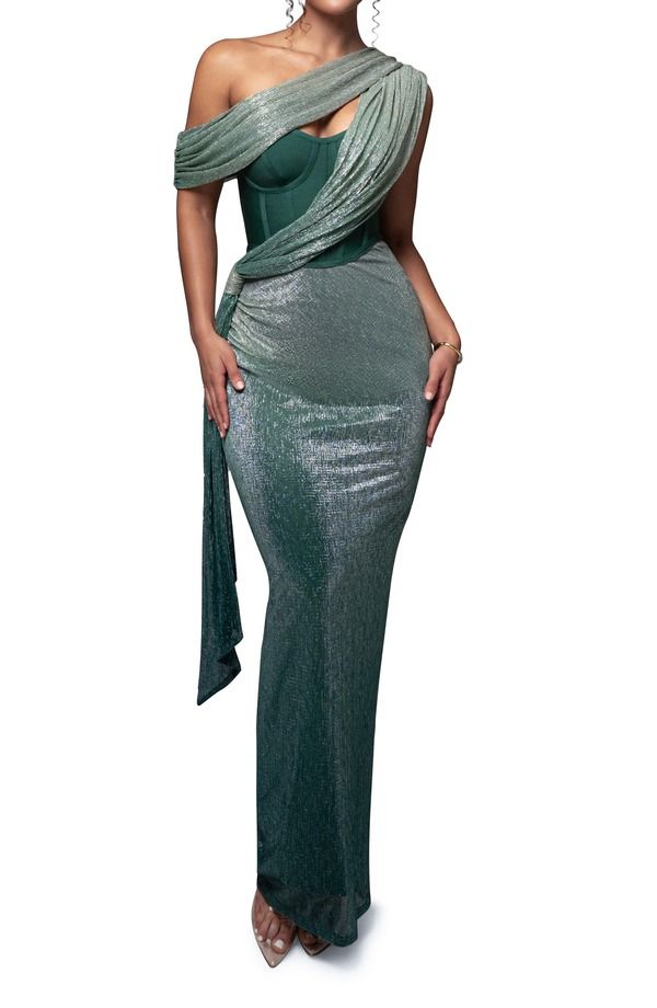 ジェイラックスレーベル レディース トップス ワンピース ドレープ トール JLUXLABEL Celestina Metallic Drape Gown GREEN グリーン
