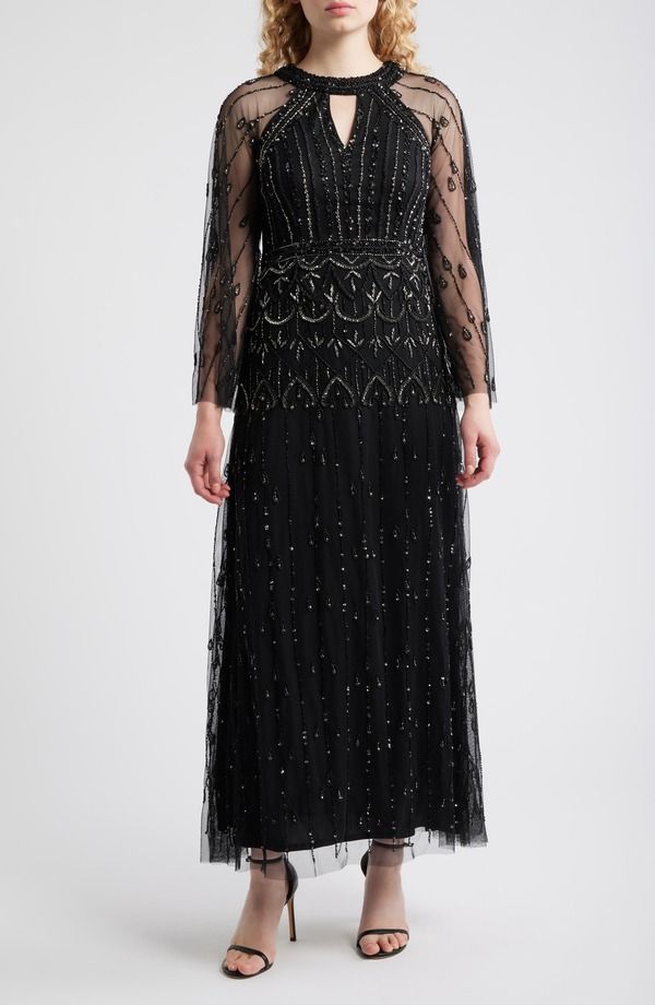 ピサッロナイツ レディース トップス ワンピース A ライン Pisarro Nights Illusion Long Sleeve Beaded ALine Gown BLACK ブラック