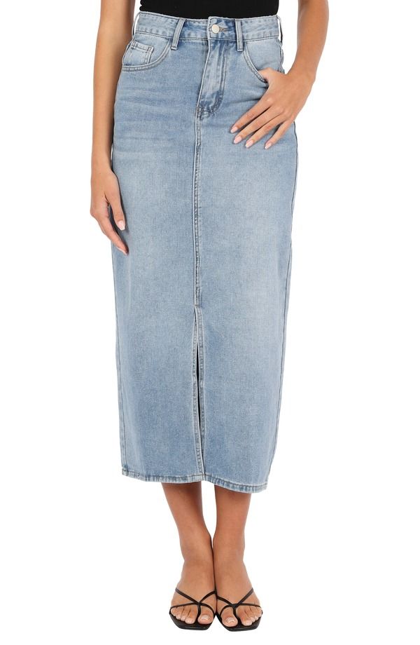 ペタルアンドパップ レディース ボトムス デニムパンツ フロントスリット ミディ スカート Petal Pup Dana Front Slit Denimidi Skirt BLUE WASH ブルー
