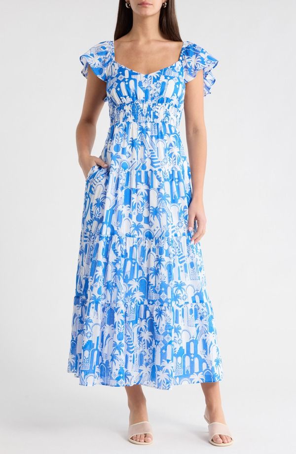 シュガーリップス レディース トップス ワンピース ティアード シャーリング マキシ SUGARLIPS Nala Tie red Smocked Maxi Sundress WHITEBLUE ホワ